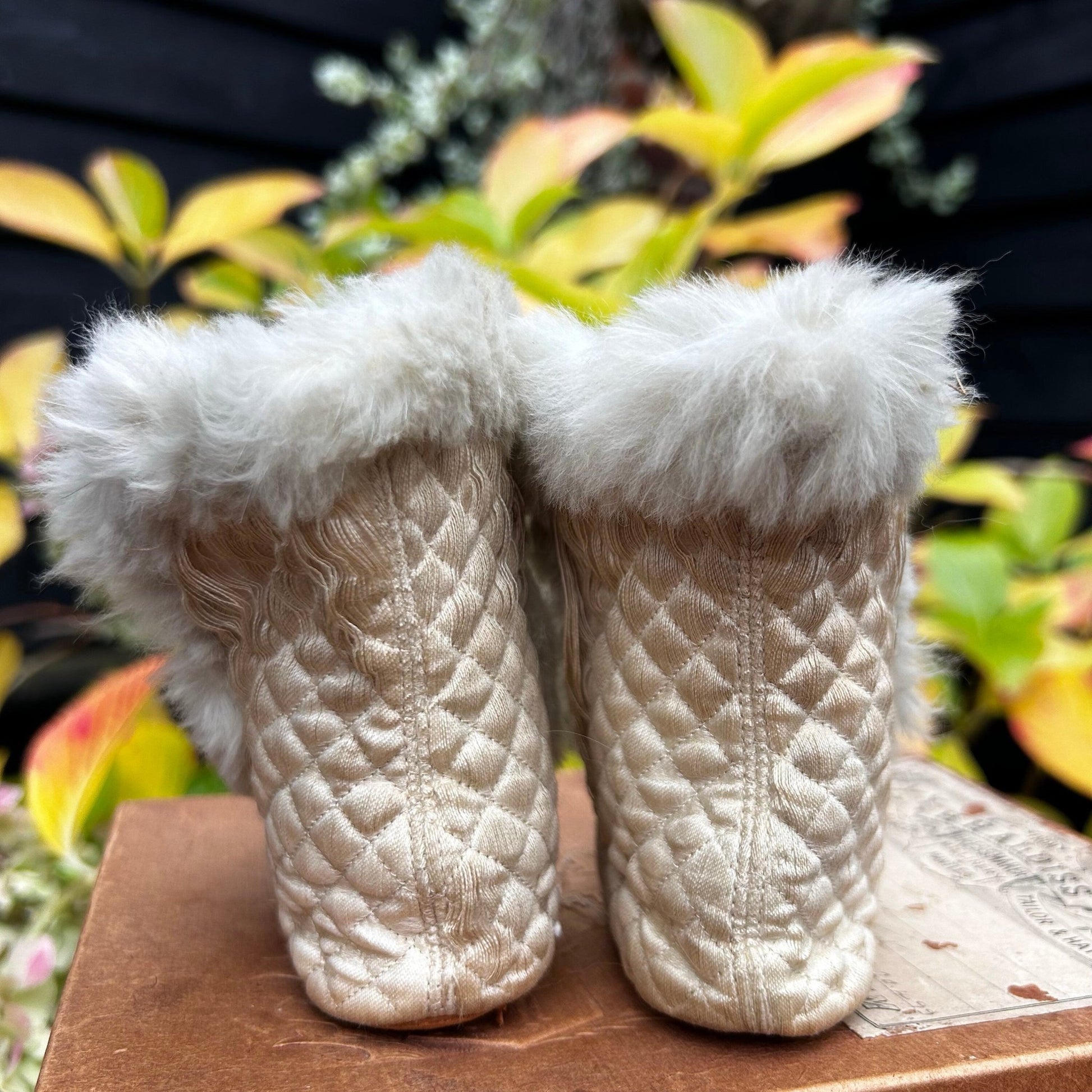 Antique quilted fur lined silk baby boots distressed but still beautiful for display - Splendid Vintage World