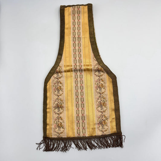 Antique Silk Brocade Bag with Metallic Fringe, Belt or Wrist Pouch ecclesiastical on light background- Splendid Vintage World