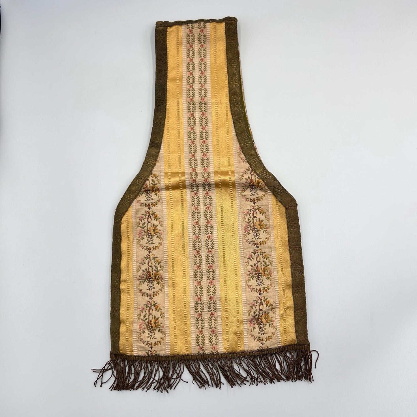 Antique Silk Brocade Bag with Metallic Fringe, Belt or Wrist Pouch ecclesiastical on light background- Splendid Vintage World