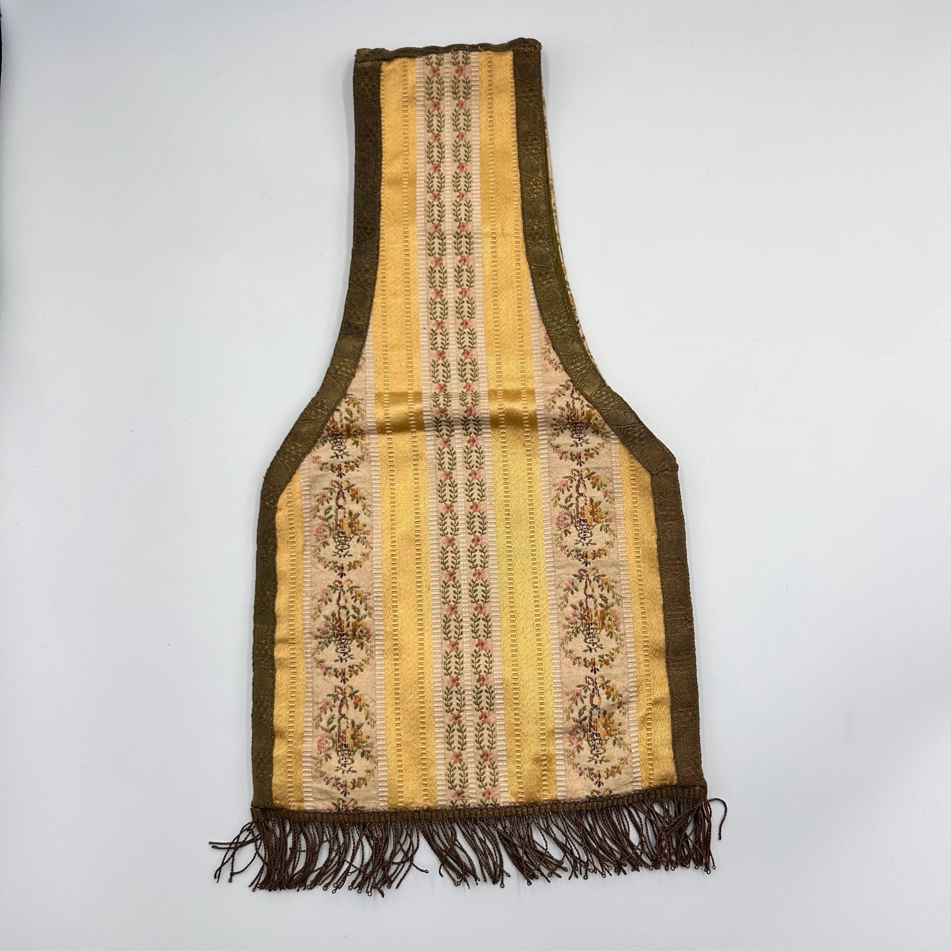 Antique Silk Brocade Bag with Metallic Fringe, Belt or Wrist Pouch ecclesiastical on light background- Splendid Vintage World