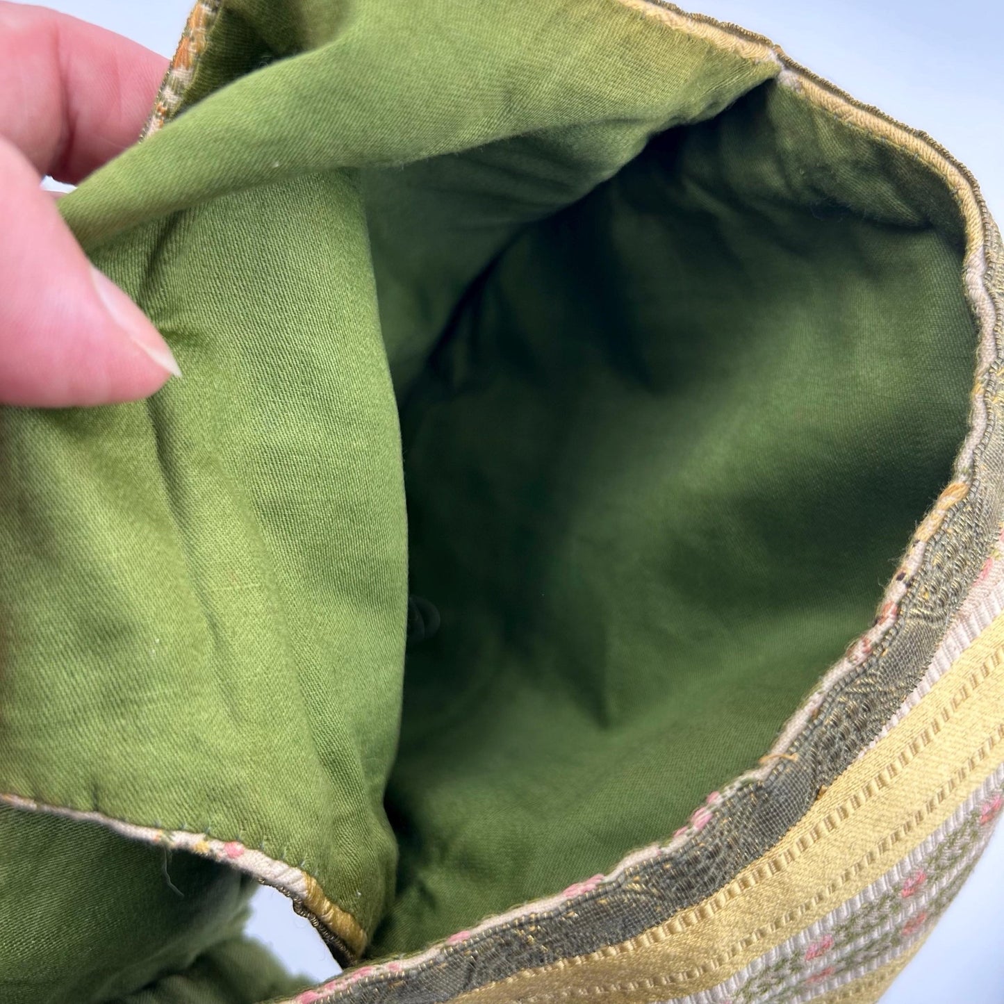green lining of Antique Silk Brocade Bag with Metallic Fringe, Belt or Wrist Pouch ecclesiastical - Splendid Vintage World