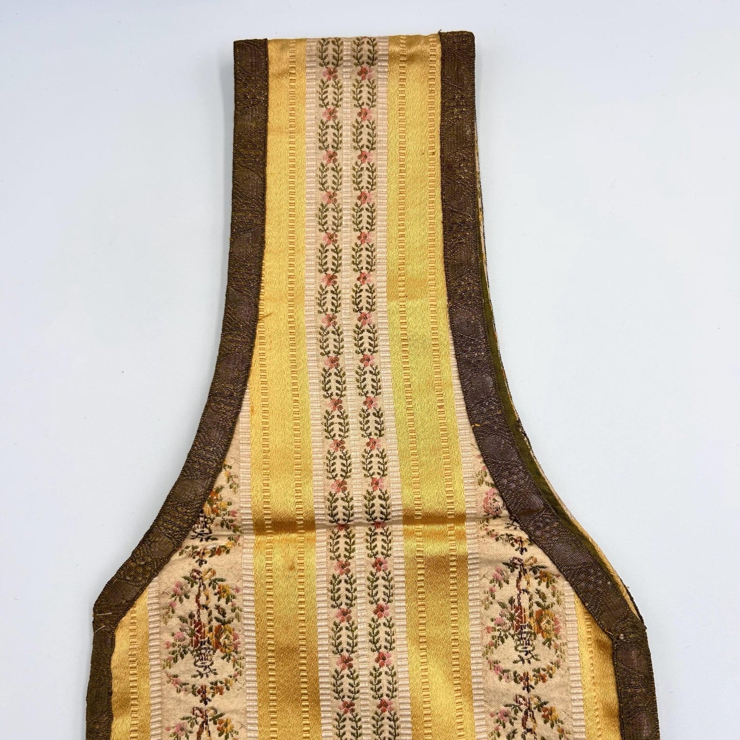 Antique Silk Brocade Bag with Metallic Fringe, Belt or Wrist Pouch ecclesiastical close up of strap - Splendid Vintage World