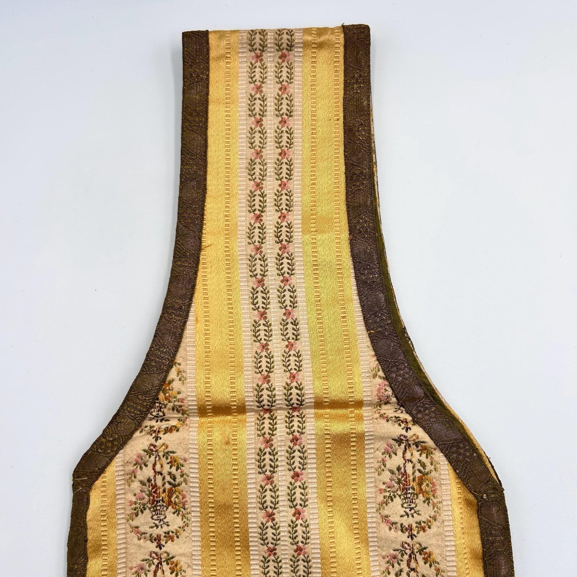 Antique Silk Brocade Bag with Metallic Fringe, Belt or Wrist Pouch ecclesiastical close up of strap - Splendid Vintage World