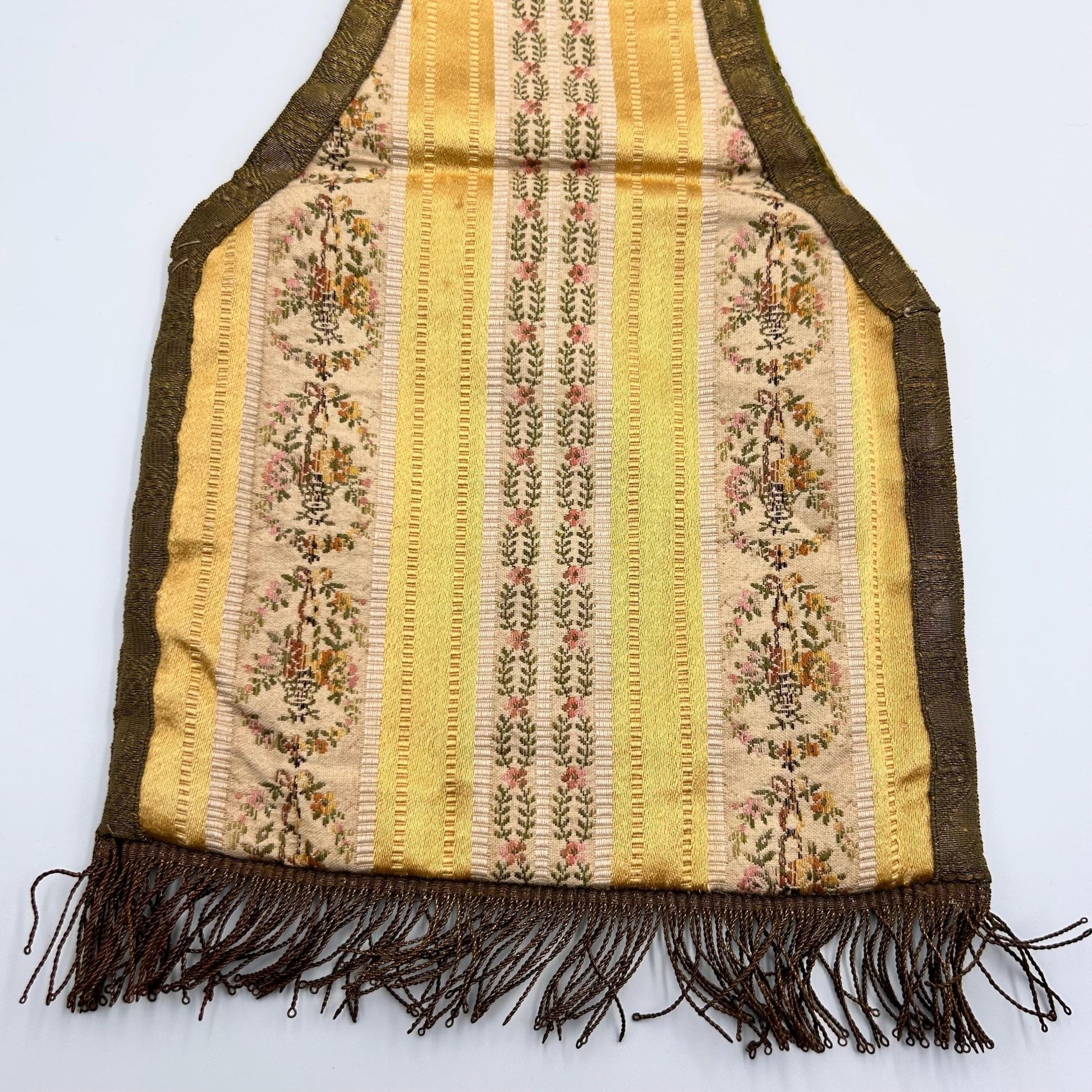 Antique Silk Brocade Bag with Metallic Fringe, Belt or Wrist Pouch ecclesiastical close up - Splendid Vintage World