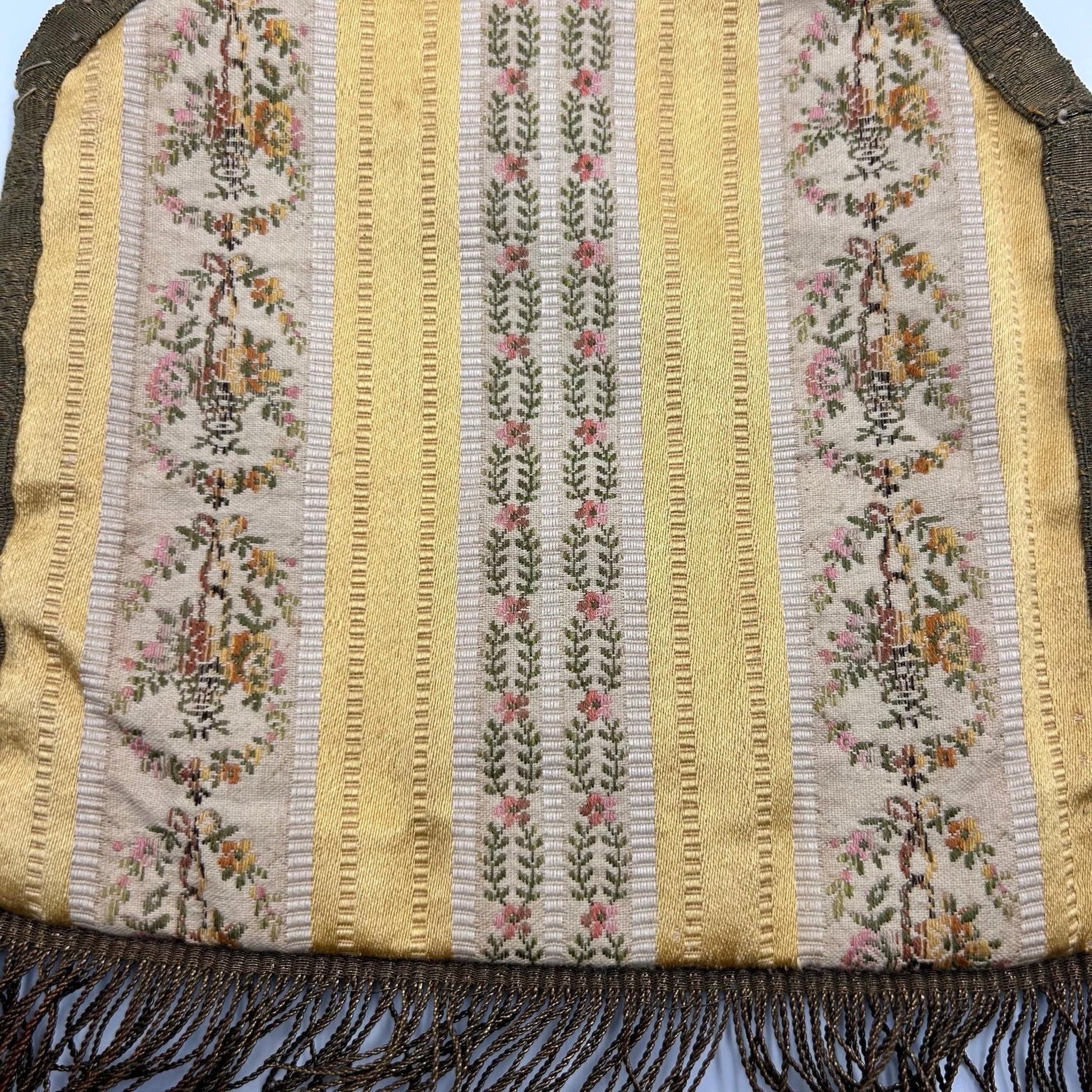 Antique Silk Brocade Bag with Metallic Fringe close up of fabric pattern - Splendid Vintage World