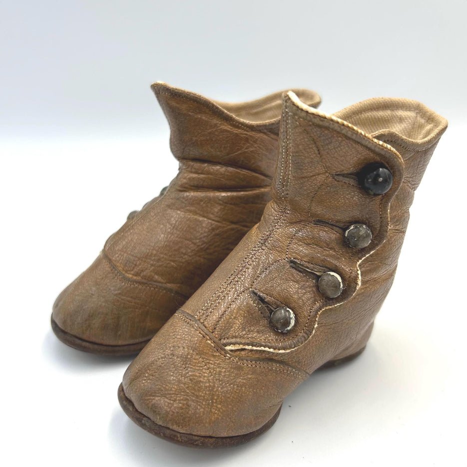 Antique Tan Leather button up Baby Boots: for a Doll, Bear or shoe collector - Splendid Vintage World
