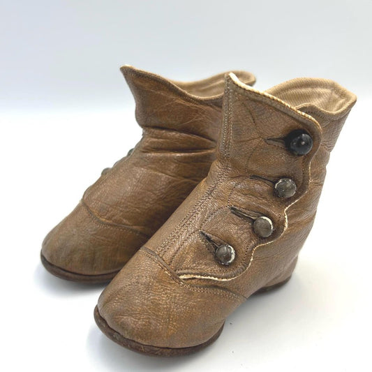Antique Tan Leather button up Baby Boots: for a Doll, Bear or shoe collector - Splendid Vintage World