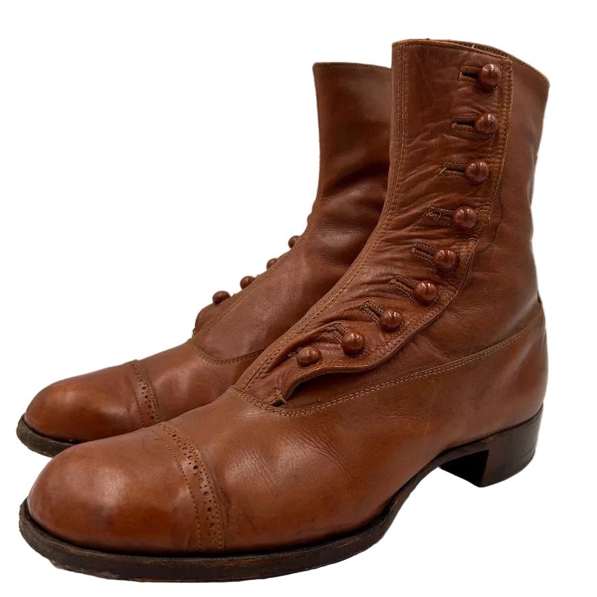 Antique tan leather button up boots , teens or small adults, Edwardian 1920s collectors boots - Splendid Vintage World