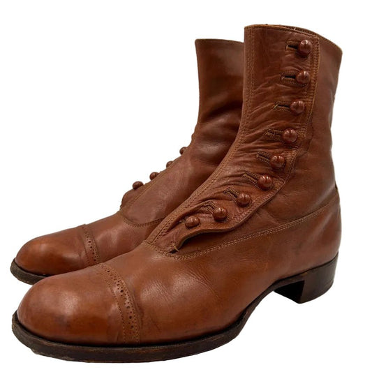 Antique tan leather button up boots , teens or small adults, Edwardian 1920s collectors boots - Splendid Vintage World