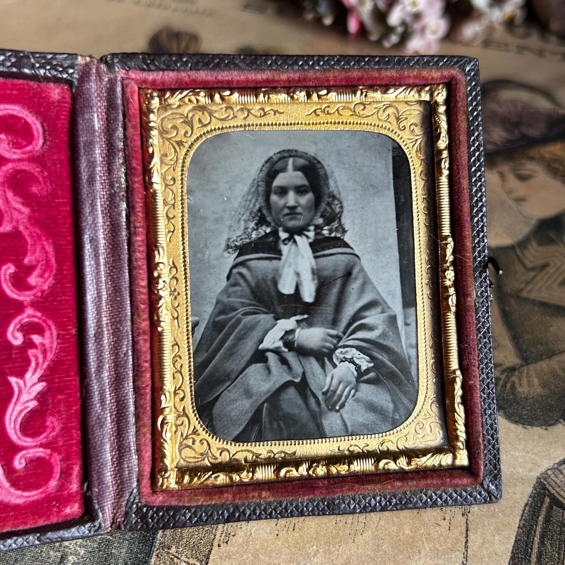 Antique Victorian ambrotype photo lady in hooded cape, embossed folding case - Splendid Vintage World