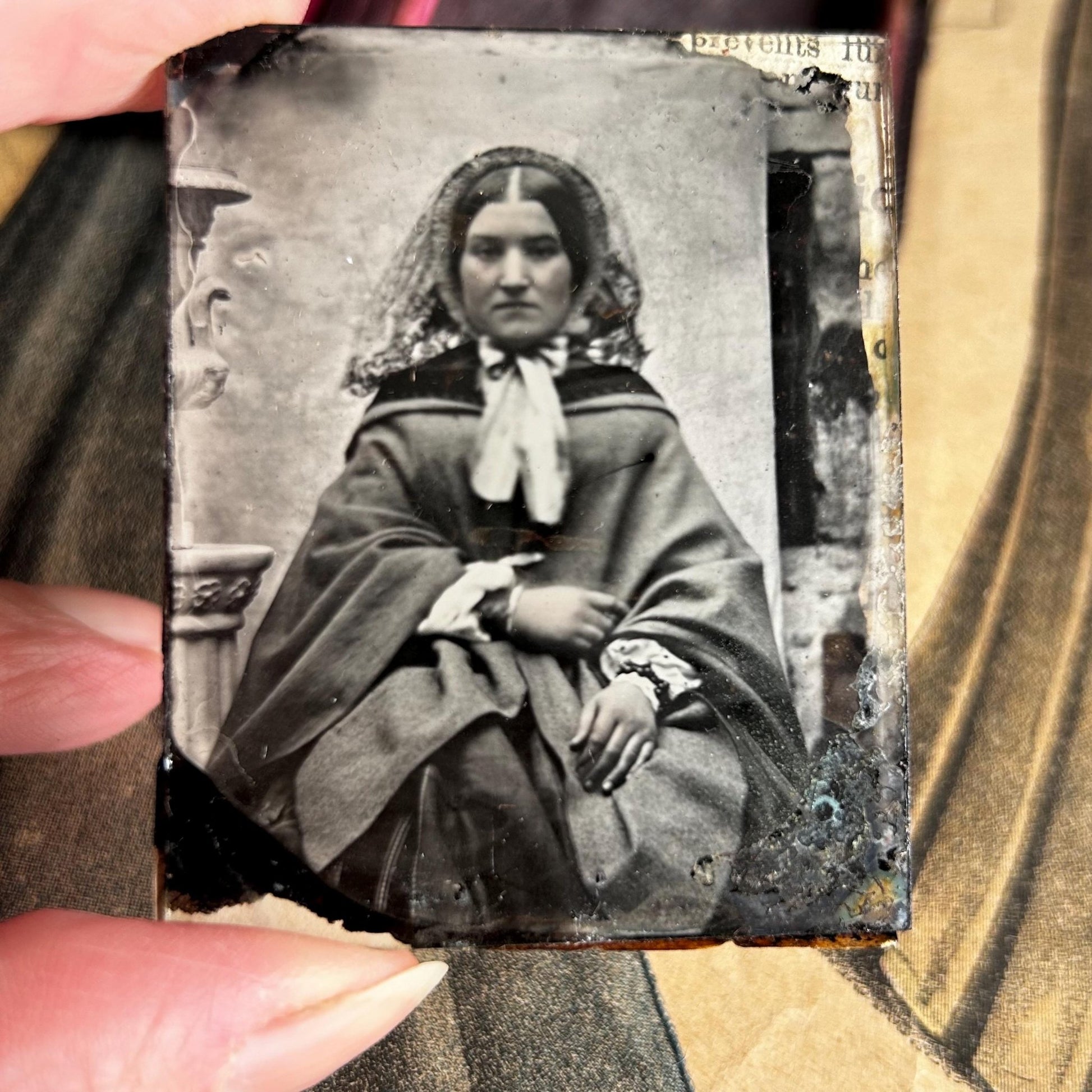 Antique Victorian ambrotype photo lady in hooded cape, embossed folding case - Splendid Vintage World