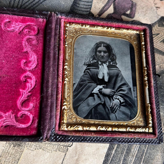 Antique Victorian ambrotype photo lady in hooded cape in decorative gold frame in folding case - Splendid Vintage World