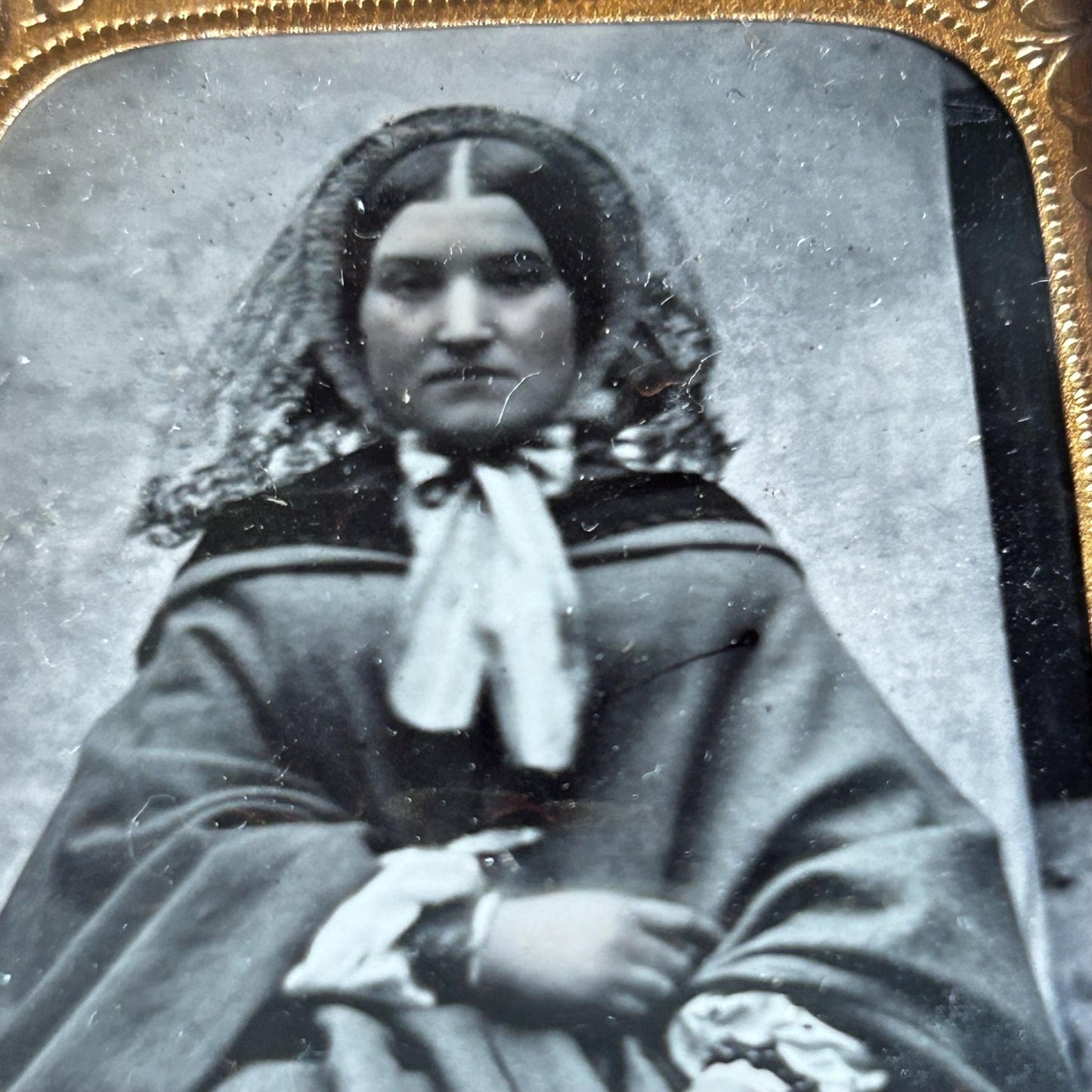 Antique Victorian ambrotype photo lady in hooded cape, embossed folding case - Splendid Vintage World