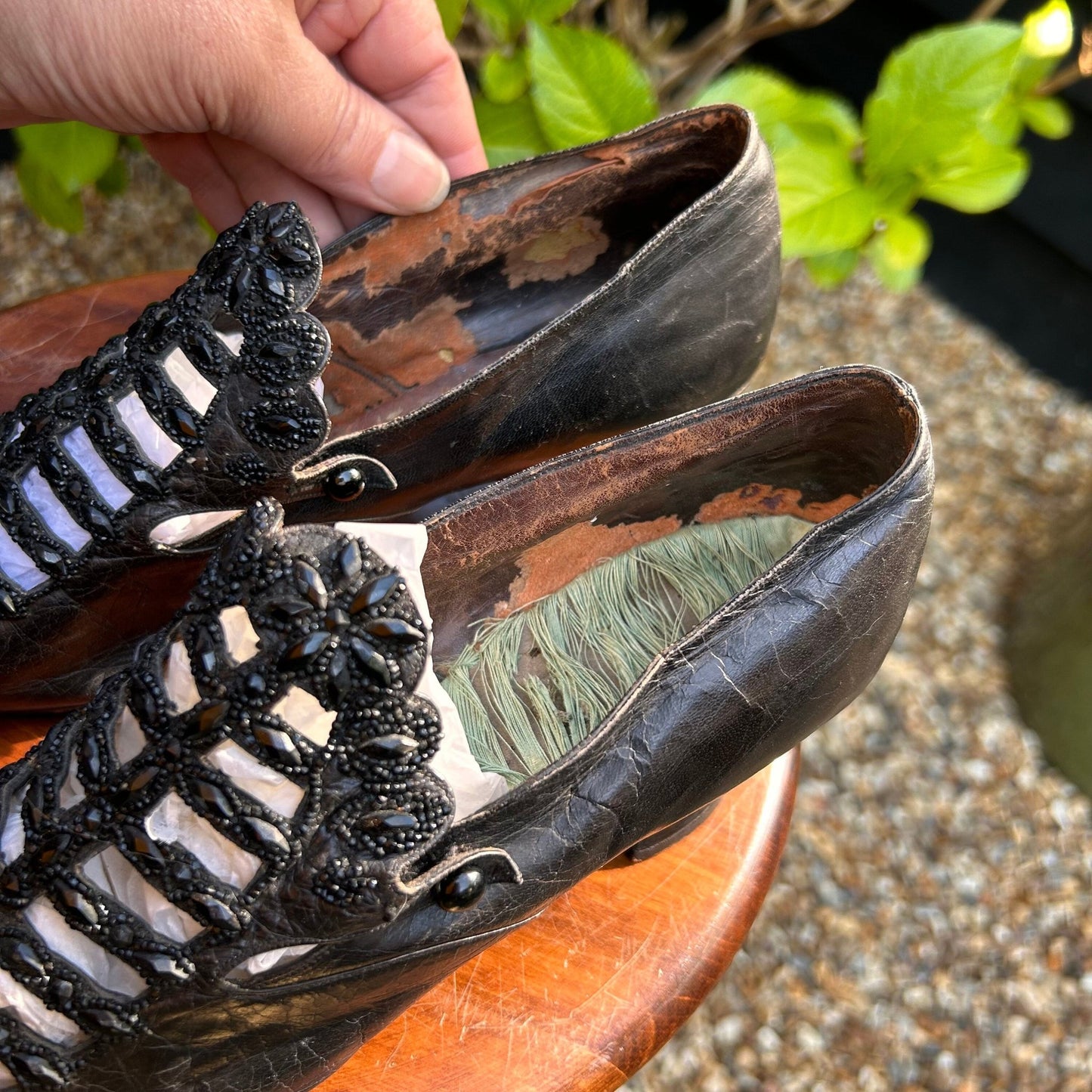 Antique Victorian black beaded & cut out leather shoes - Splendid Vintage World