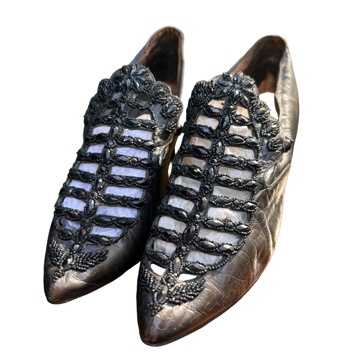 Antique Victorian black beaded & cut out leather shoes - Splendid Vintage World