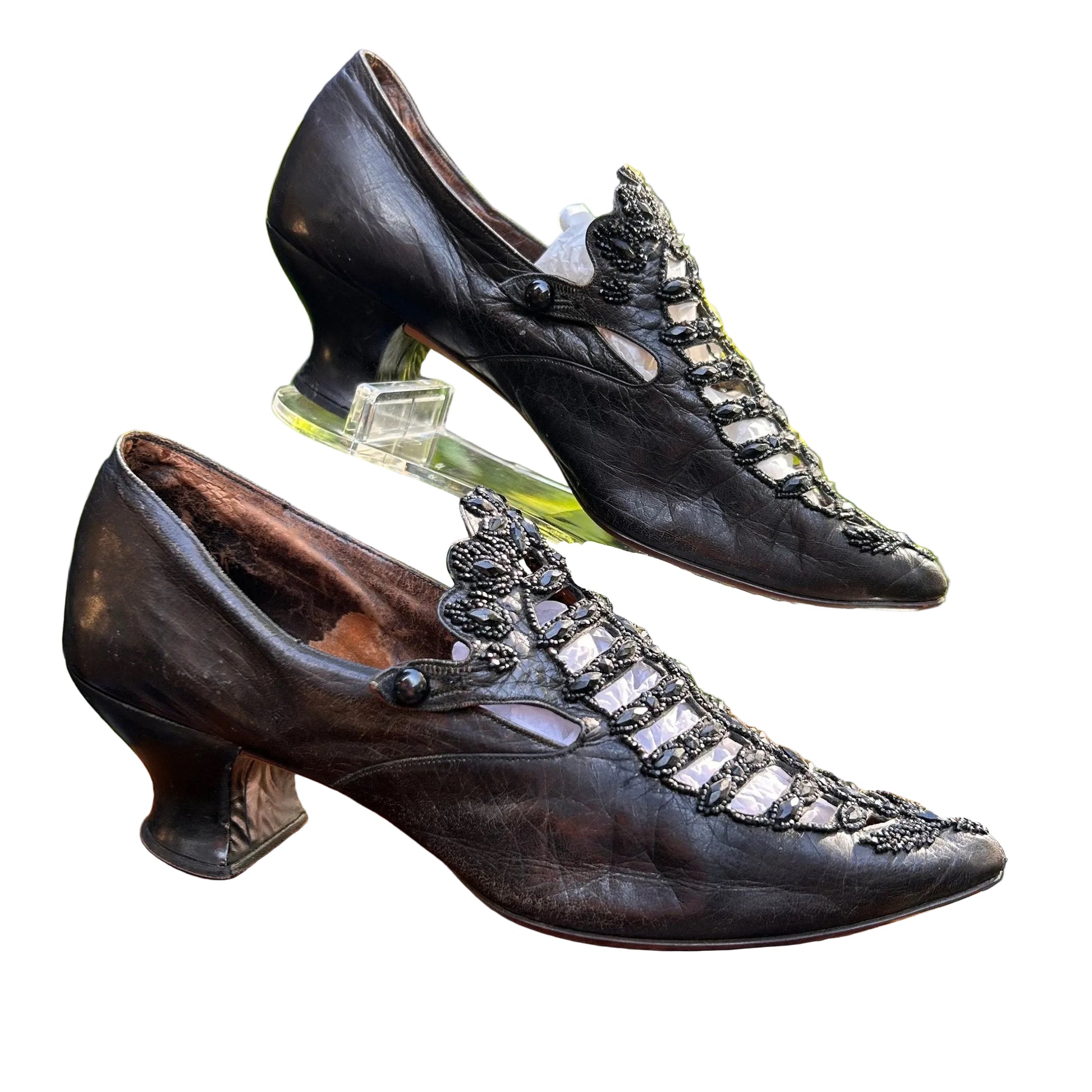 Antique Victorian black beaded & cut out leather shoes - Splendid Vintage World