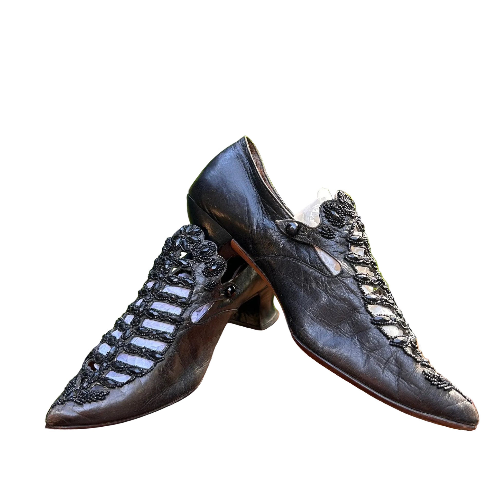 Antique Victorian black beaded & cut out leather shoes - Splendid Vintage World