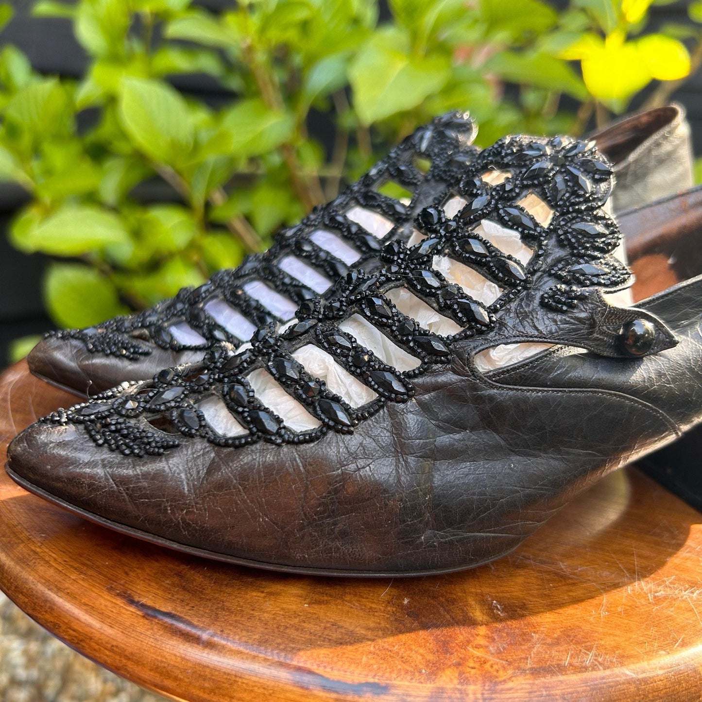 Antique Victorian black beaded & cut out leather shoes - Splendid Vintage World