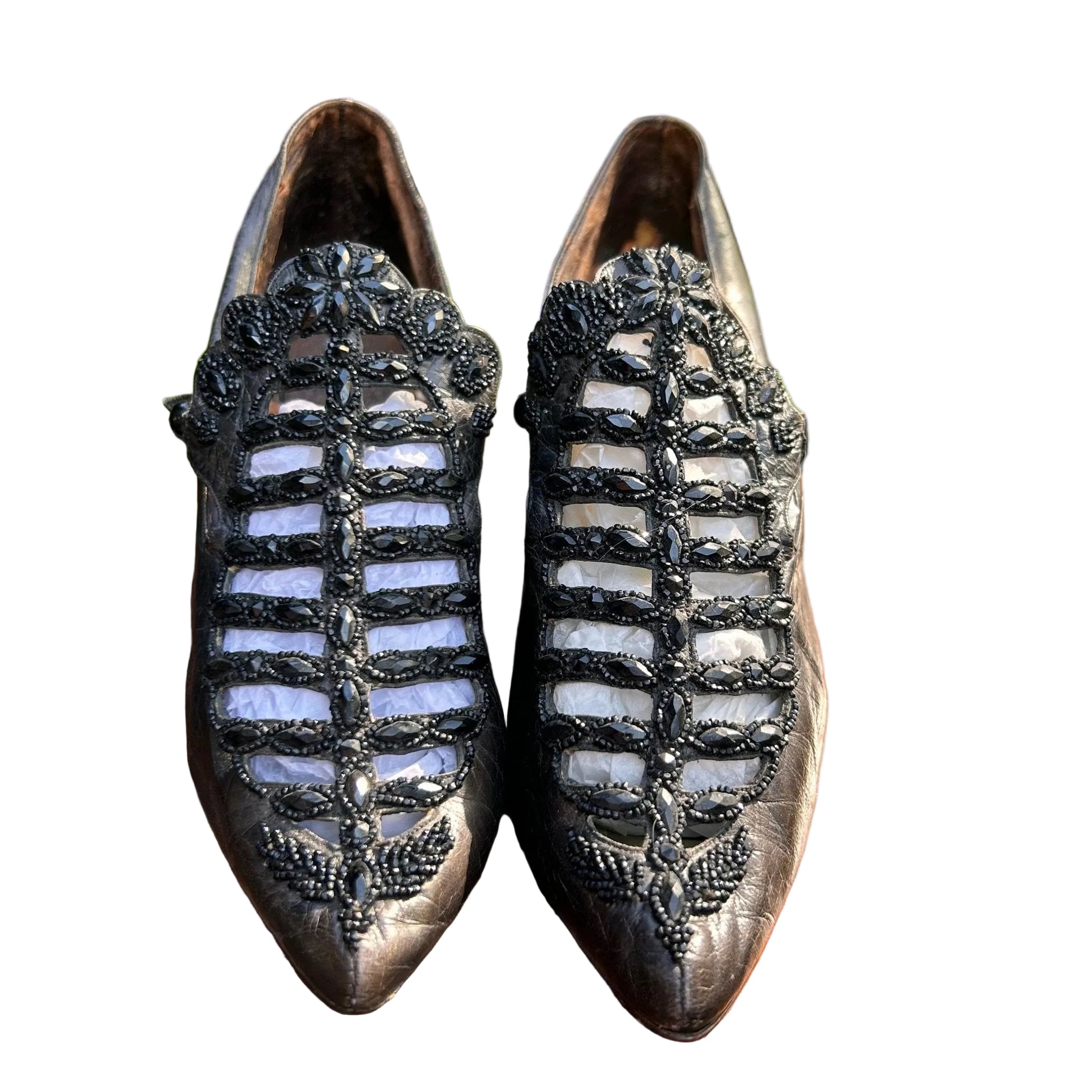 Antique Victorian black beaded & cut out leather shoes - Splendid Vintage World