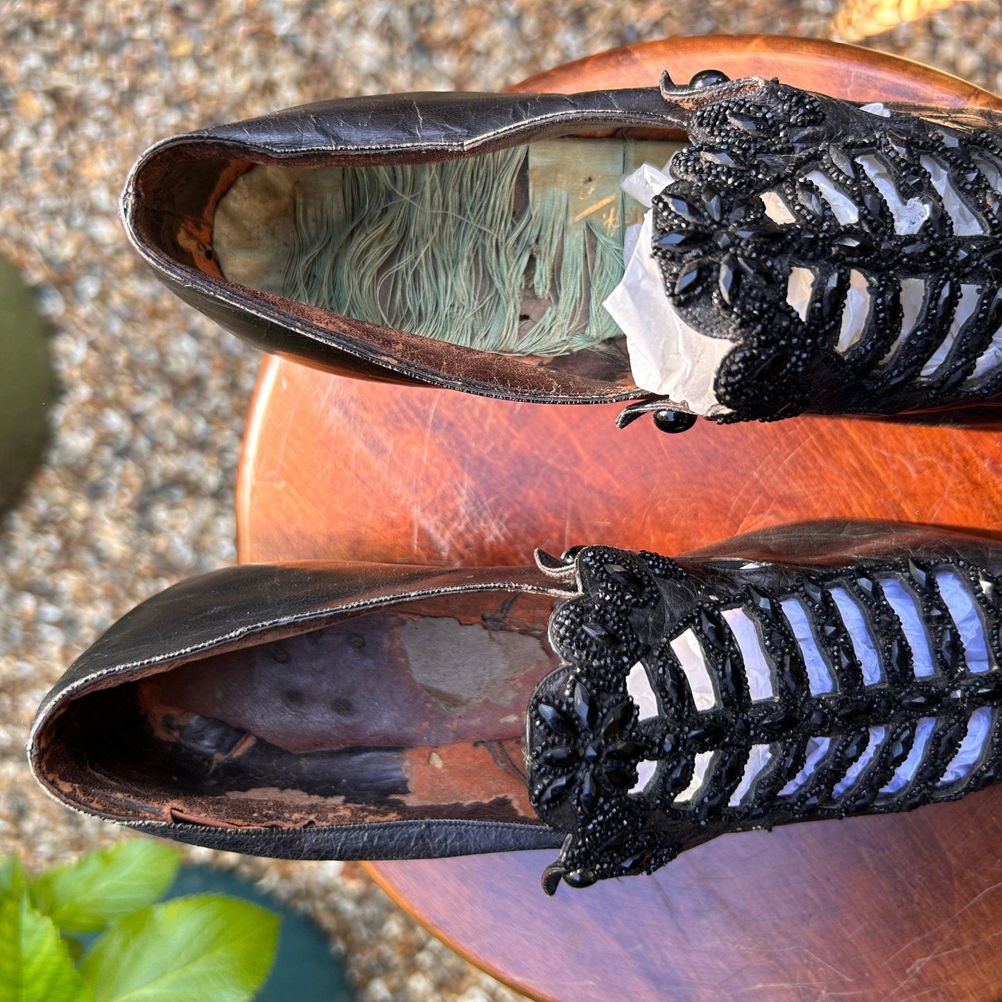 Antique Victorian black beaded & cut out leather shoes - Splendid Vintage World