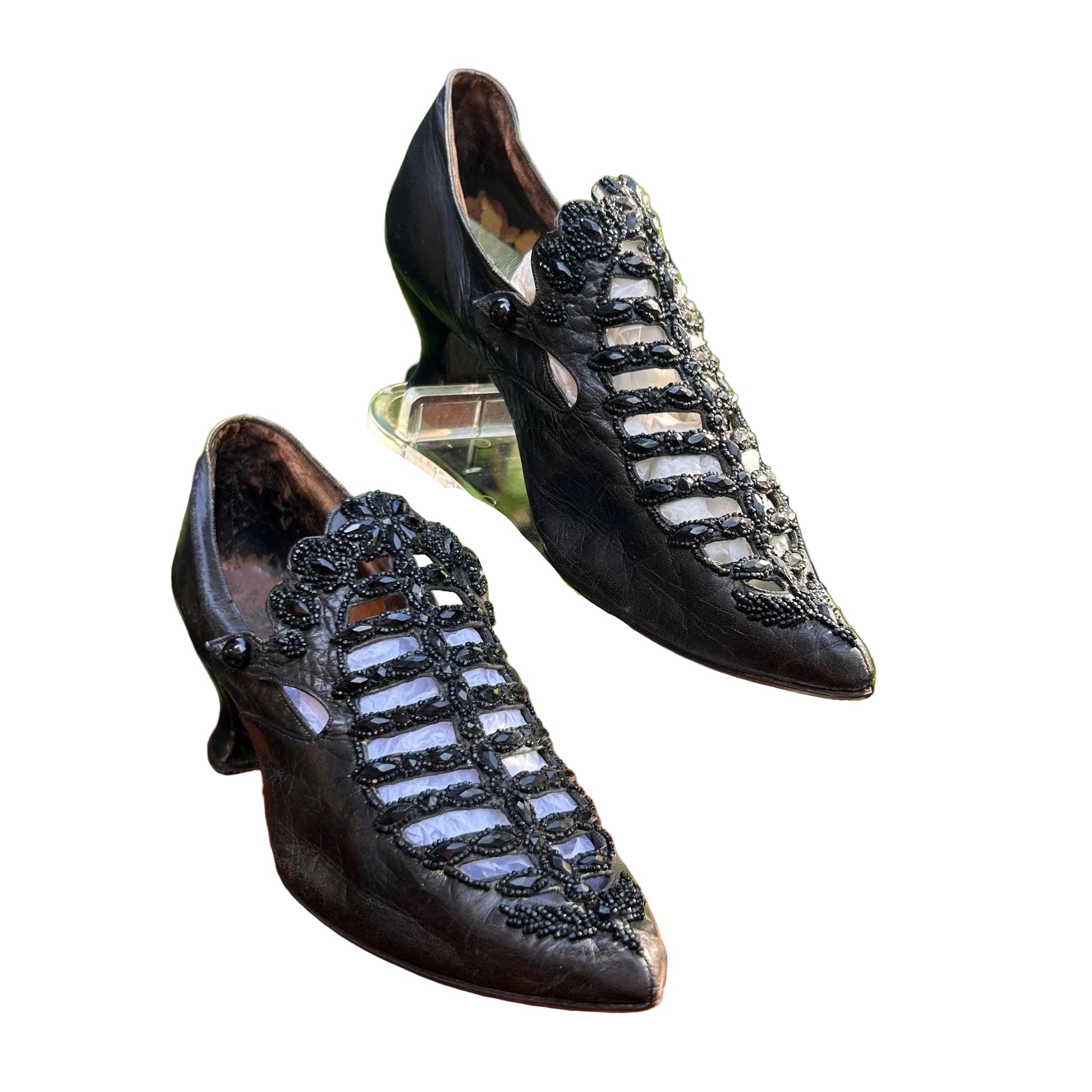 Antique Victorian black beaded & cut out leather shoes - Splendid Vintage World