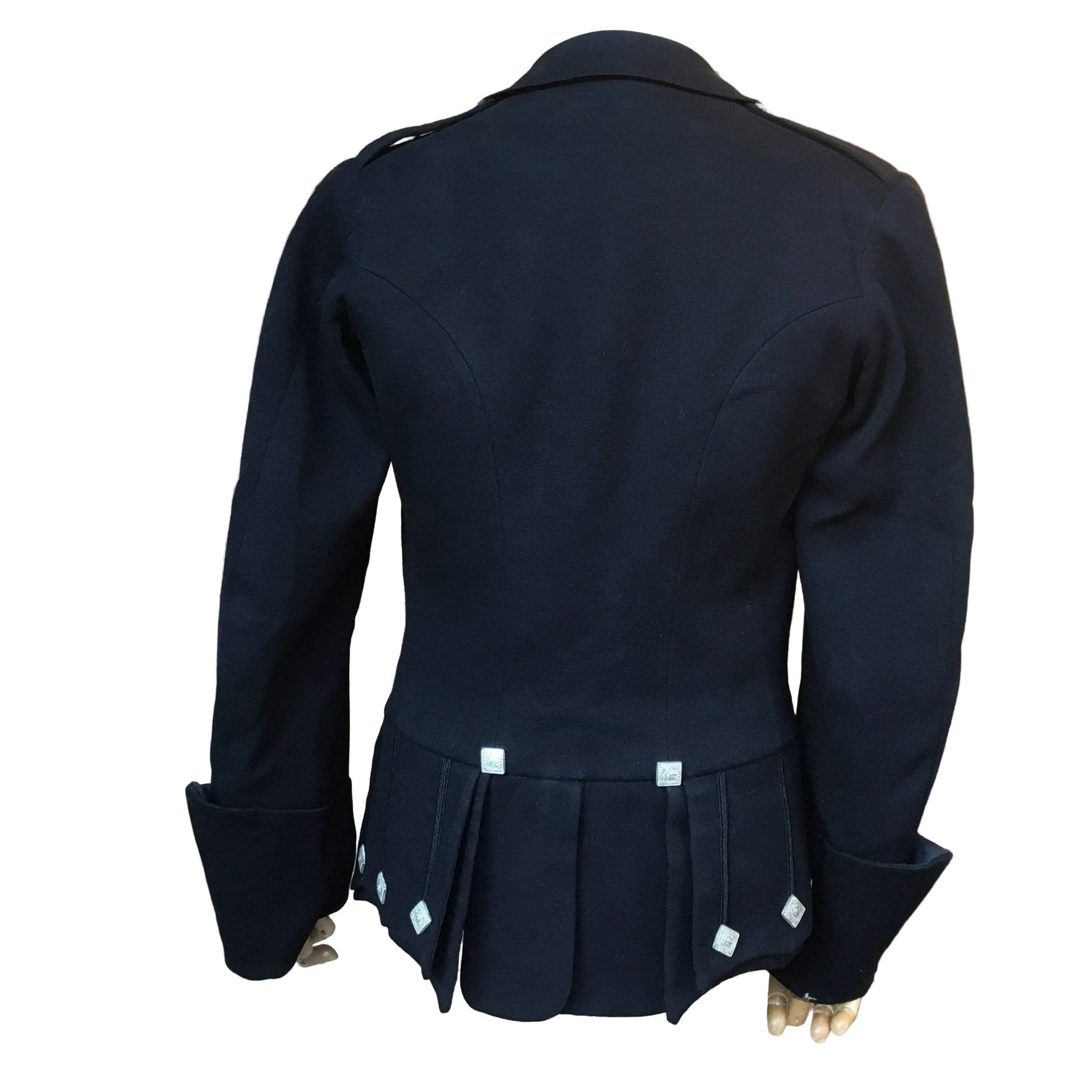 Back view of Antique Victorian child’s jacket in Fine Black wool with silver coloured square buttons with central horse