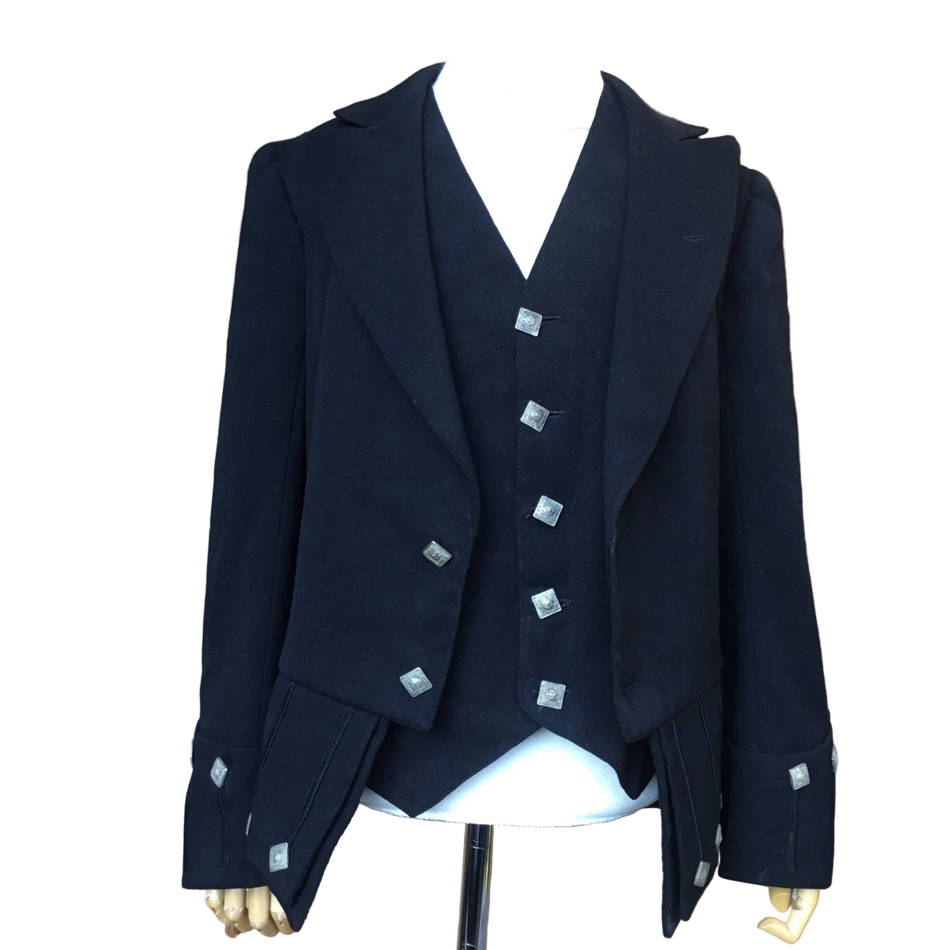 Antique Victorian child’s jacket & waistcoat in Fine Black wool with silver coloured square buttons, label dated Dec 1896