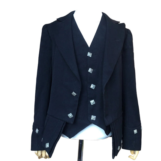 Antique Victorian child’s jacket & waistcoat in Fine Black wool with silver coloured square buttons, label dated Dec 1896