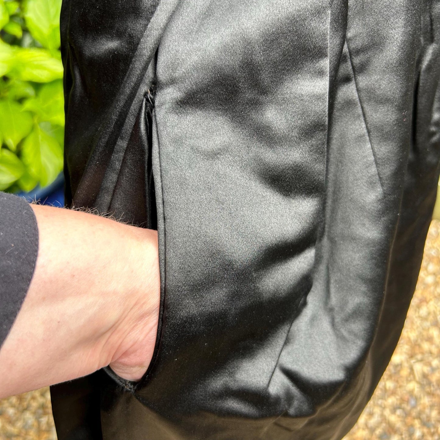Antique black sateen walking skirt pocket which is in the side seam of the skirt