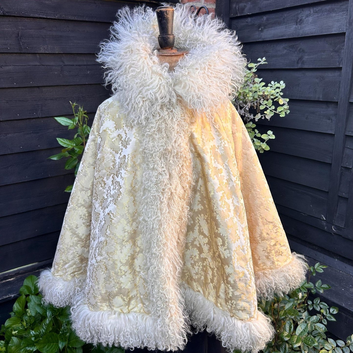 Antique Victorian wedding cape of vibrant golden jacquard silk with sheepskin collar & trim - Splendid Vintage World