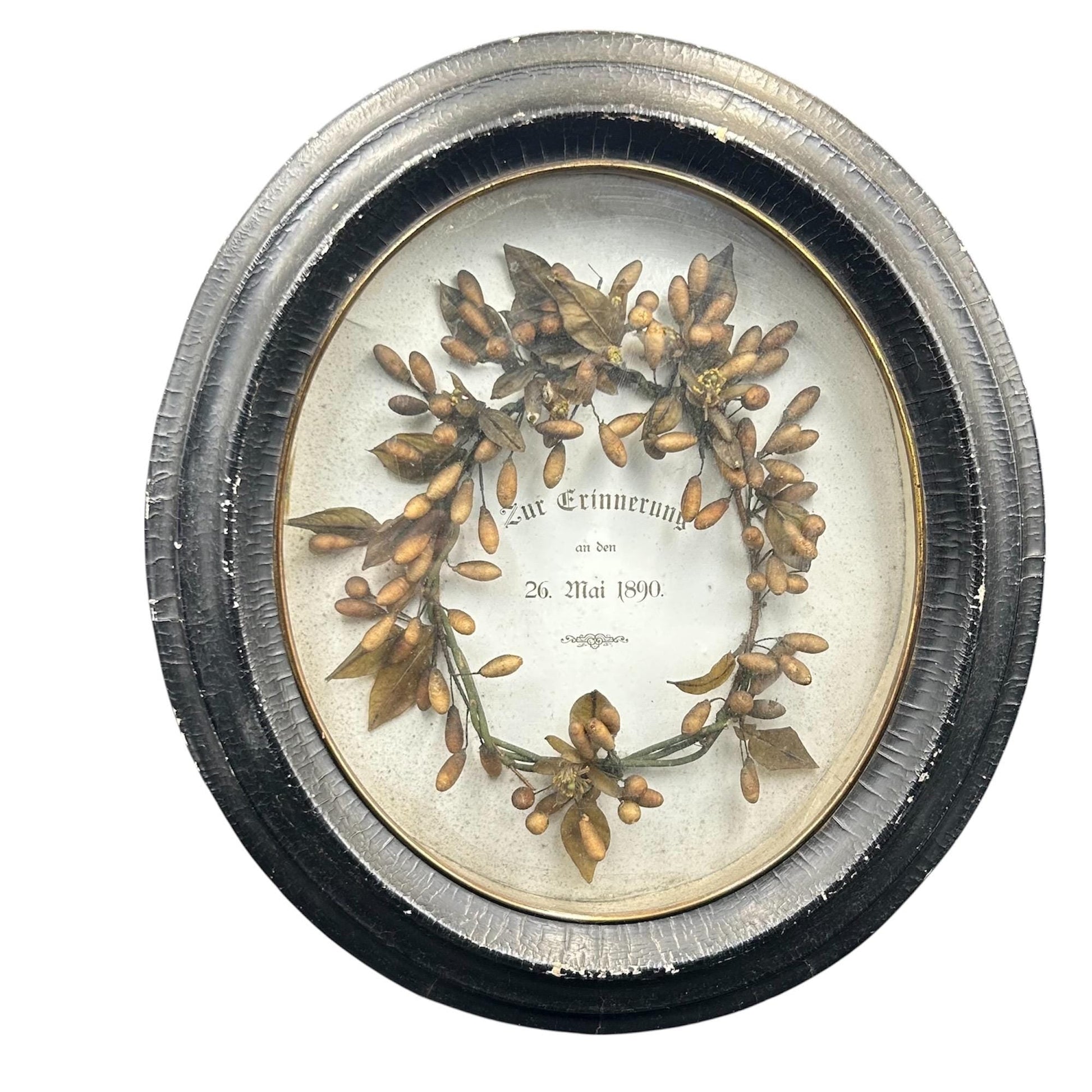Antique Victorian Framed Wax Orange Blossom Wedding Memoriam on white background - Splendid Vintage World