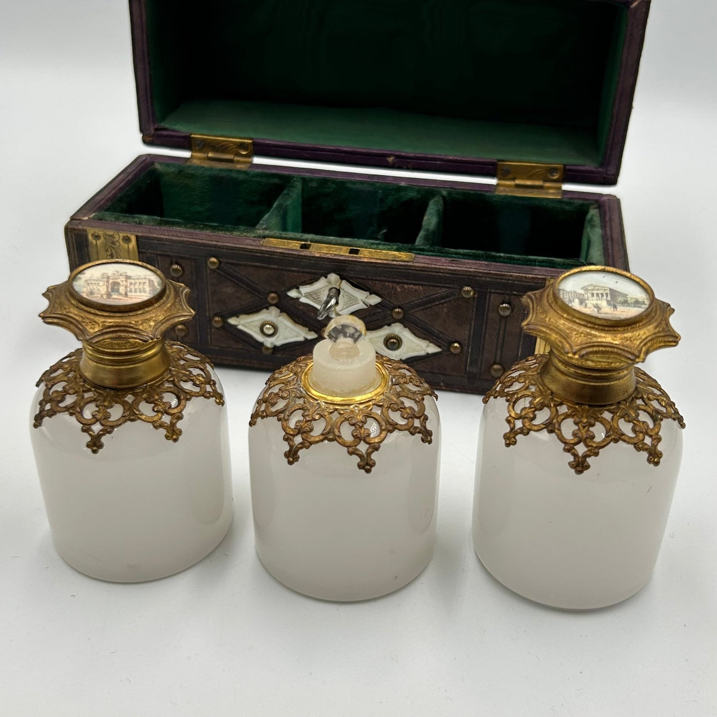 Antique Victorian grand tour palais royal casket with 3 ormolu white glass scent bottles - Splendid Vintage World