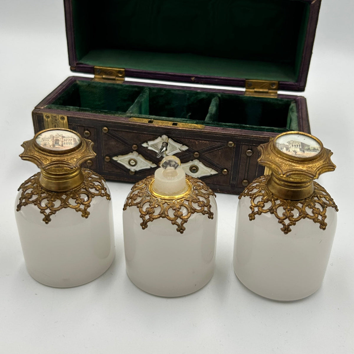 Antique Victorian grand tour palais royal casket with 3 ormolu white glass scent bottles - Splendid Vintage World