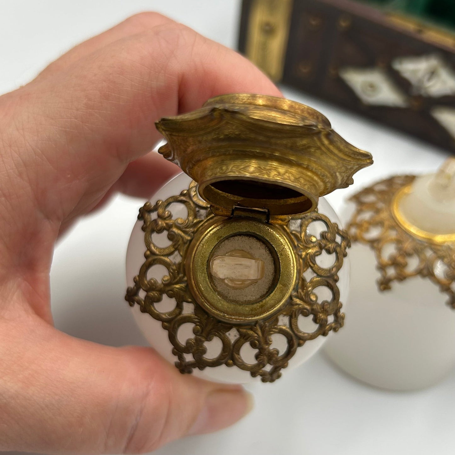 Antique Victorian grand tour palais royal casket with 3 ormolu white glass scent bottles - Splendid Vintage World