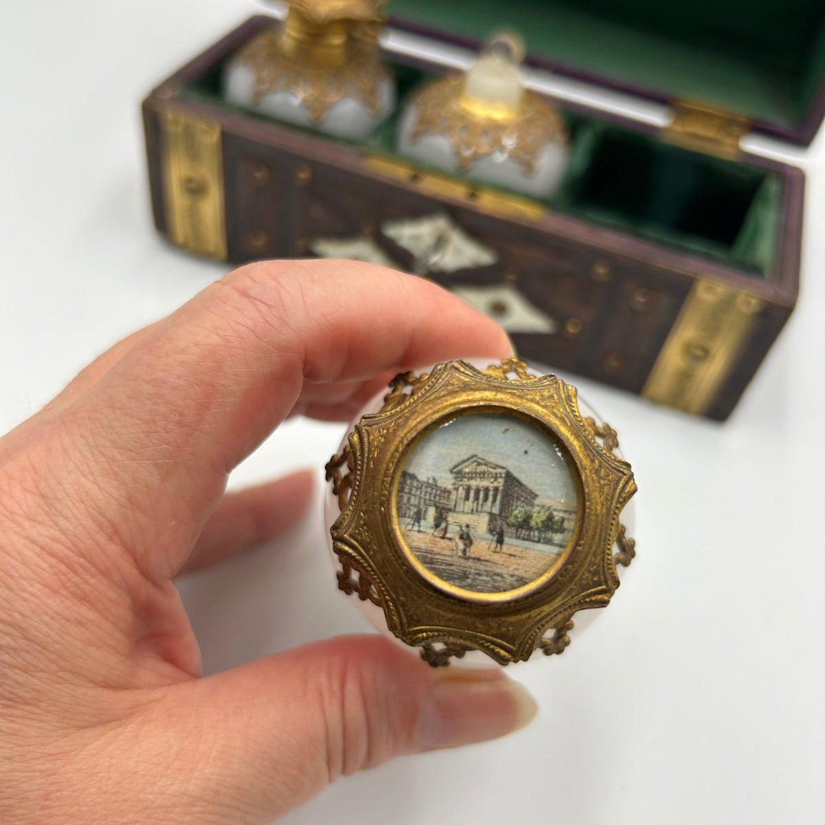 Antique Victorian grand tour palais royal casket with 3 ormolu white glass scent bottles - Splendid Vintage World