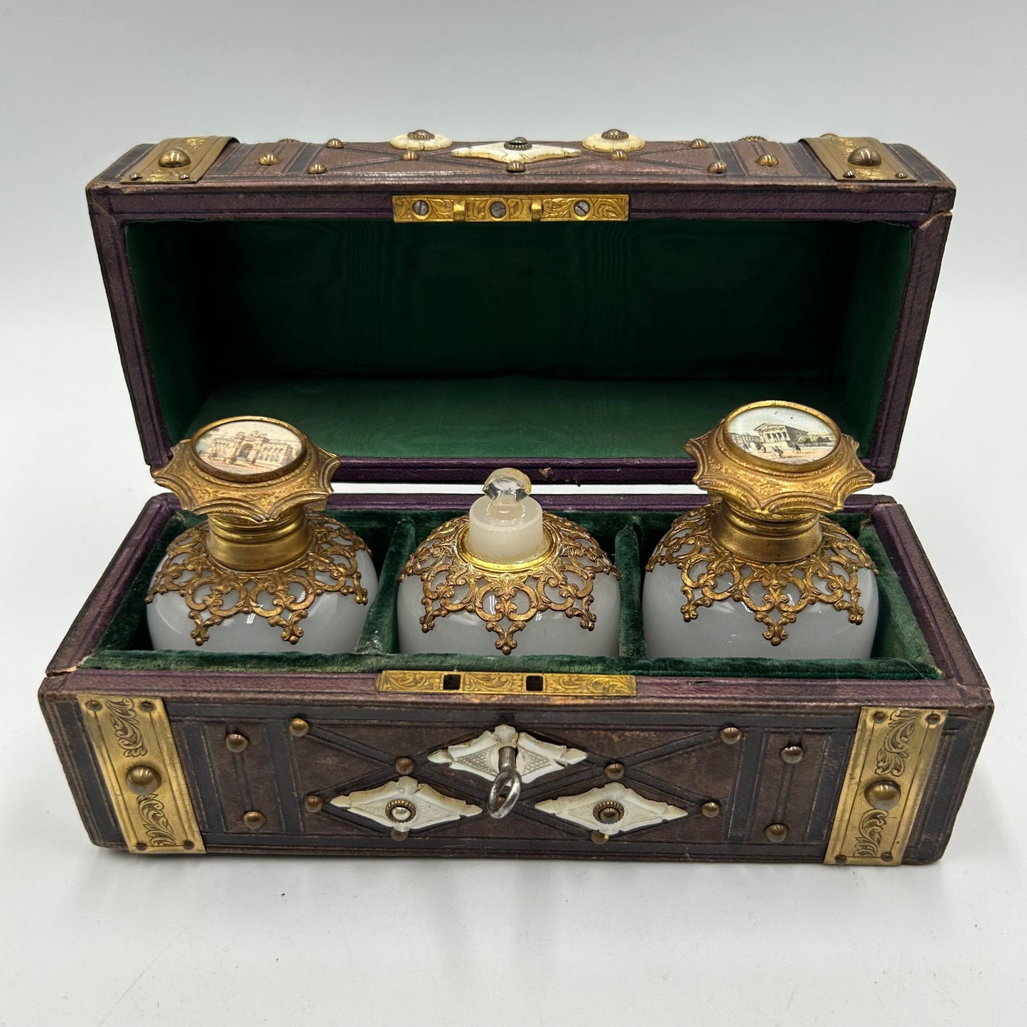 Antique Victorian grand tour palais royal casket with 3 ormolu white glass scent bottles - Splendid Vintage World