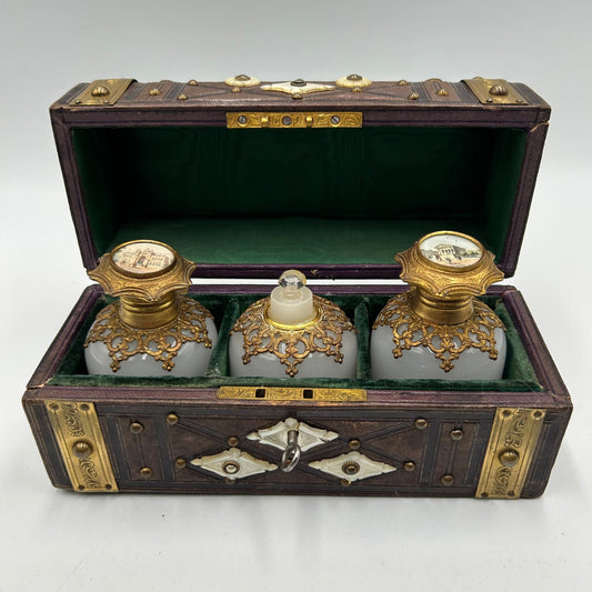 Antique Victorian grand tour palais royal casket with 3 ormolu white glass scent bottles - Splendid Vintage World
