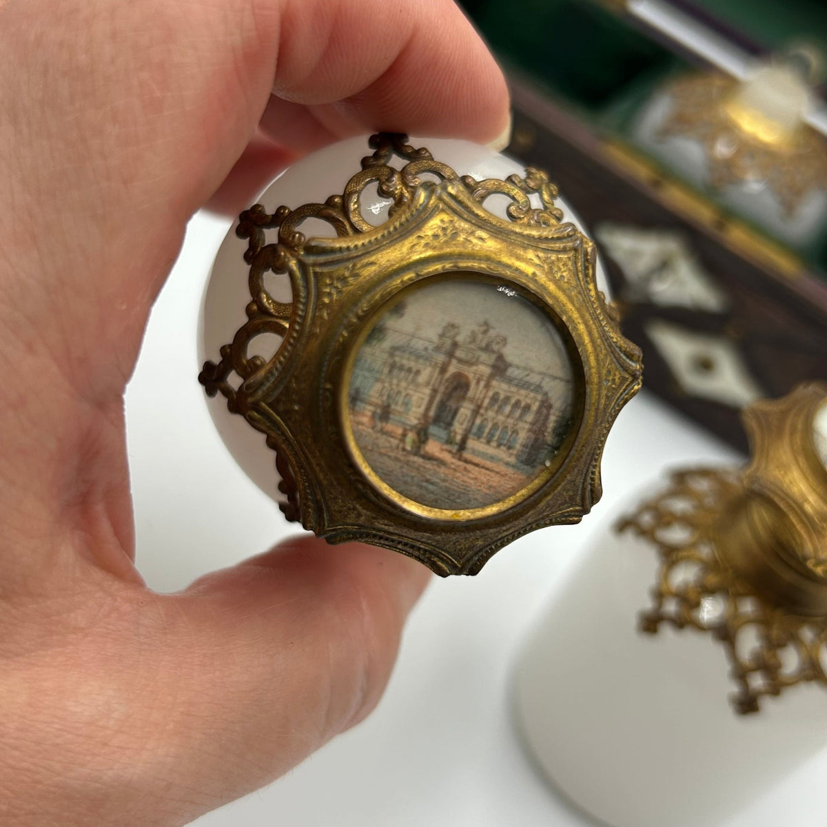 Antique Victorian grand tour palais royal casket with 3 ormolu white glass scent bottles - Splendid Vintage World
