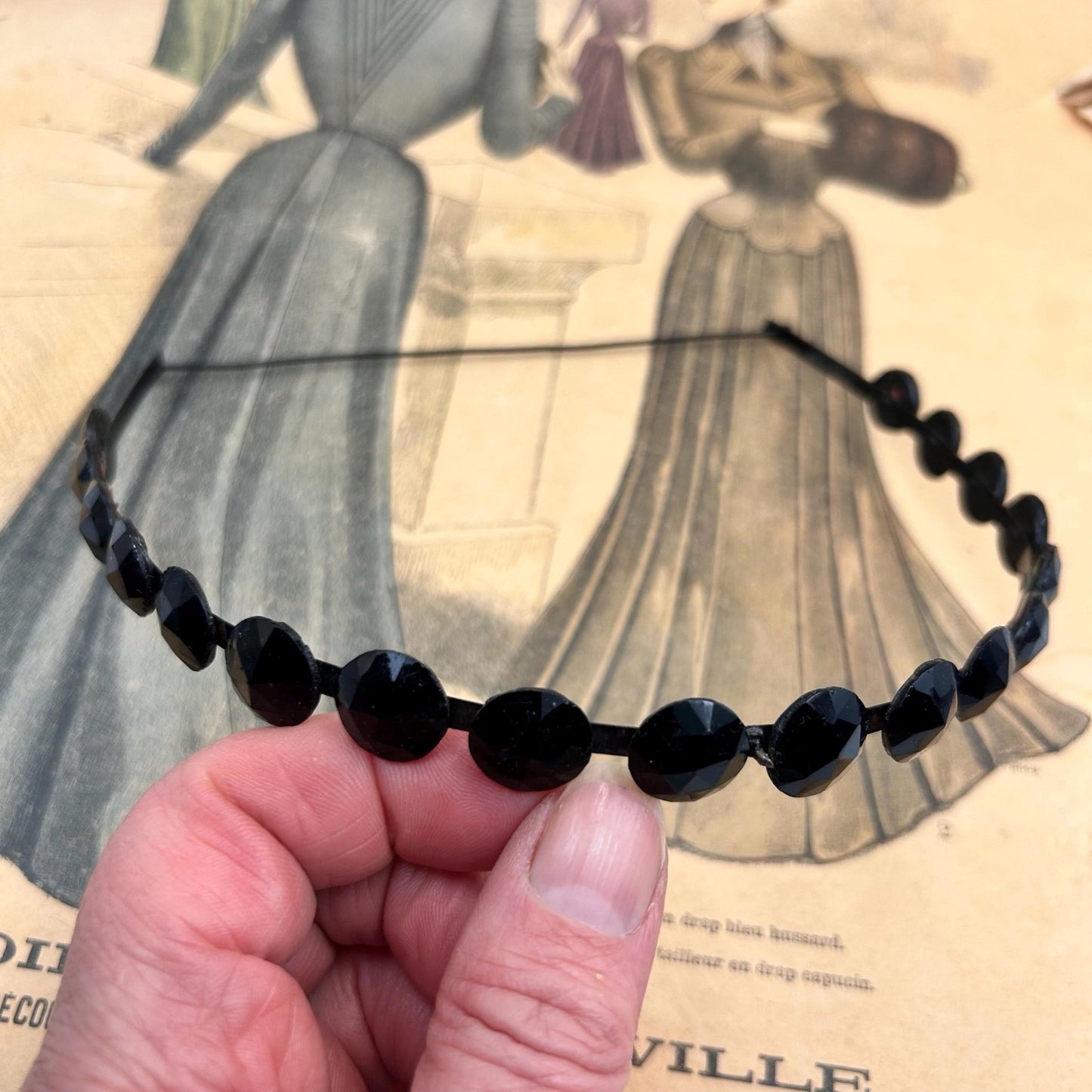 Antique Victorian black glass mourning tiara, hair jewellery of faceted black glass rounds on a black flexible metal band