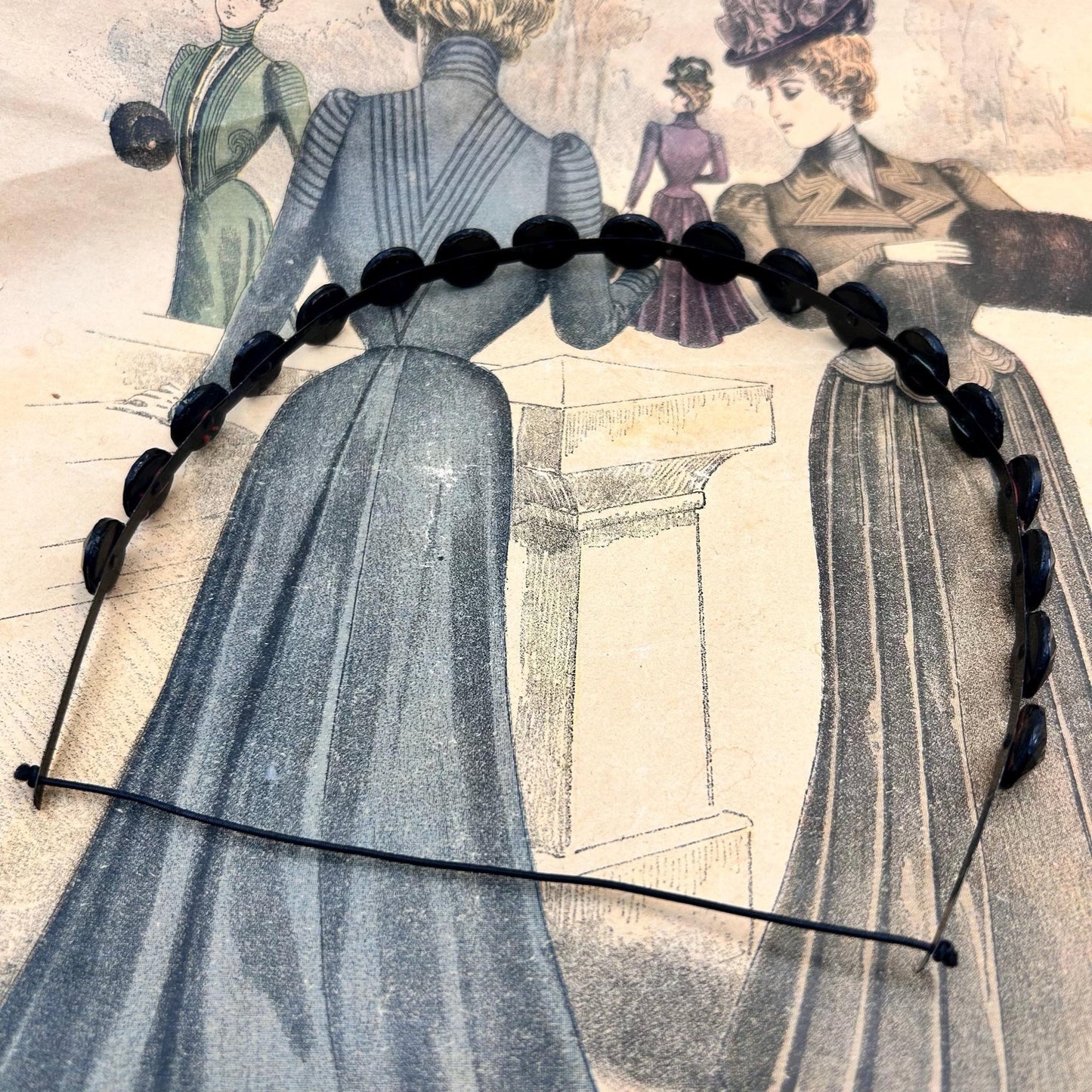 Antique Victorian black glass mourning tiara, hair jewellery of faceted black glass rounds on a black flexible metal band