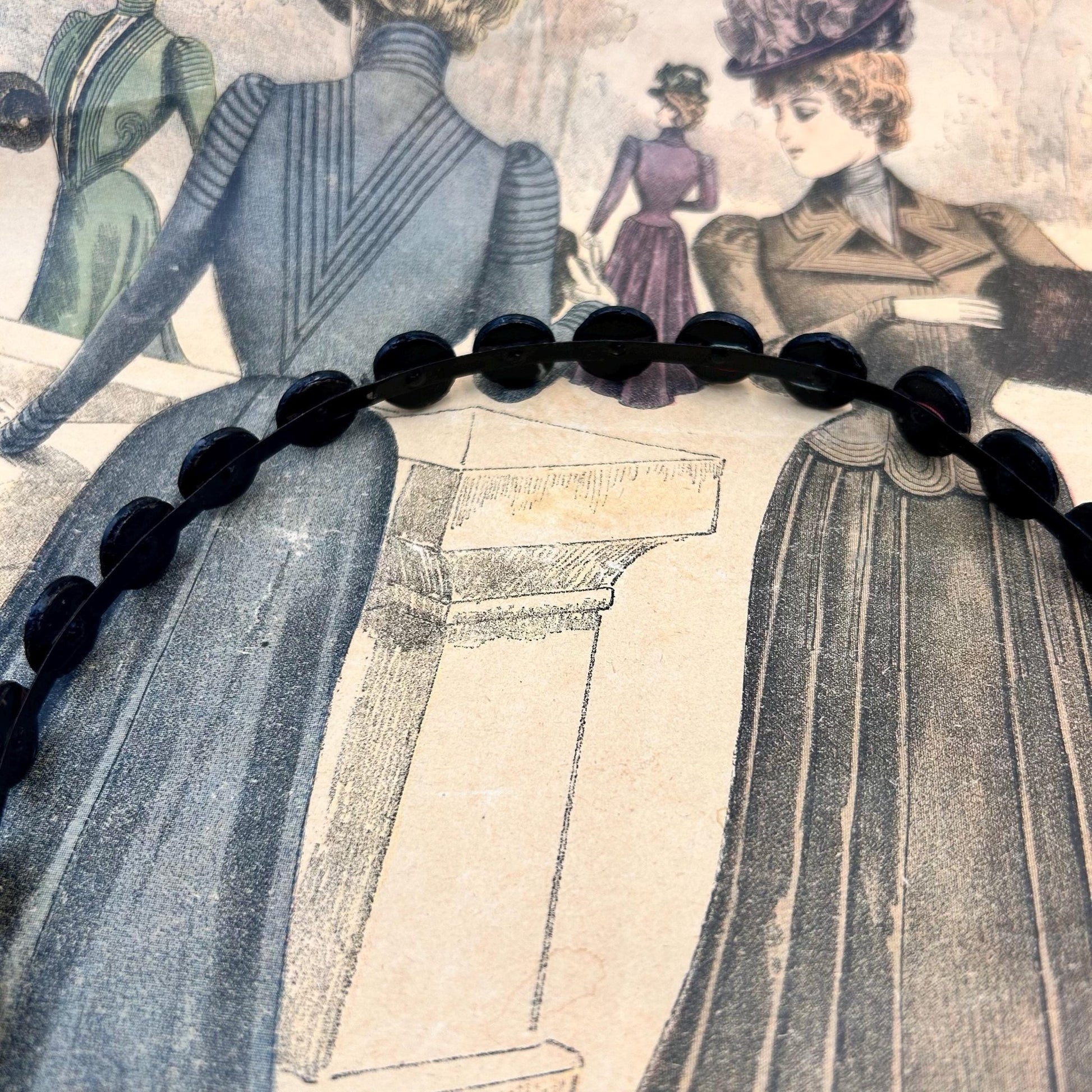 Antique Victorian black glass mourning tiara, hair jewellery of faceted black glass rounds on a black flexible metal band