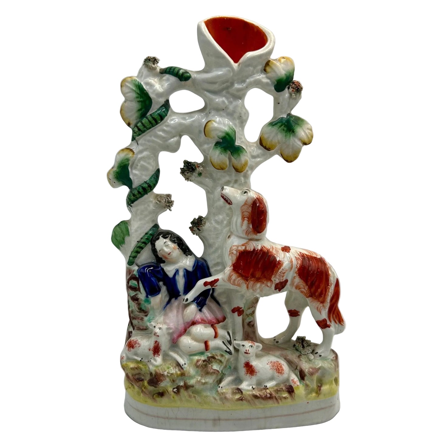 Victorian Staffordshire Flat back vase: Tree backdrop with Sleeping Lady, Sheep, Dog & snake - Splendid Vintage World