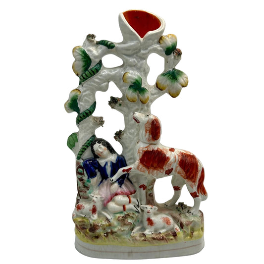 Victorian Staffordshire Flat back vase: Tree backdrop with Sleeping Lady, Sheep, Dog & snake - Splendid Vintage World