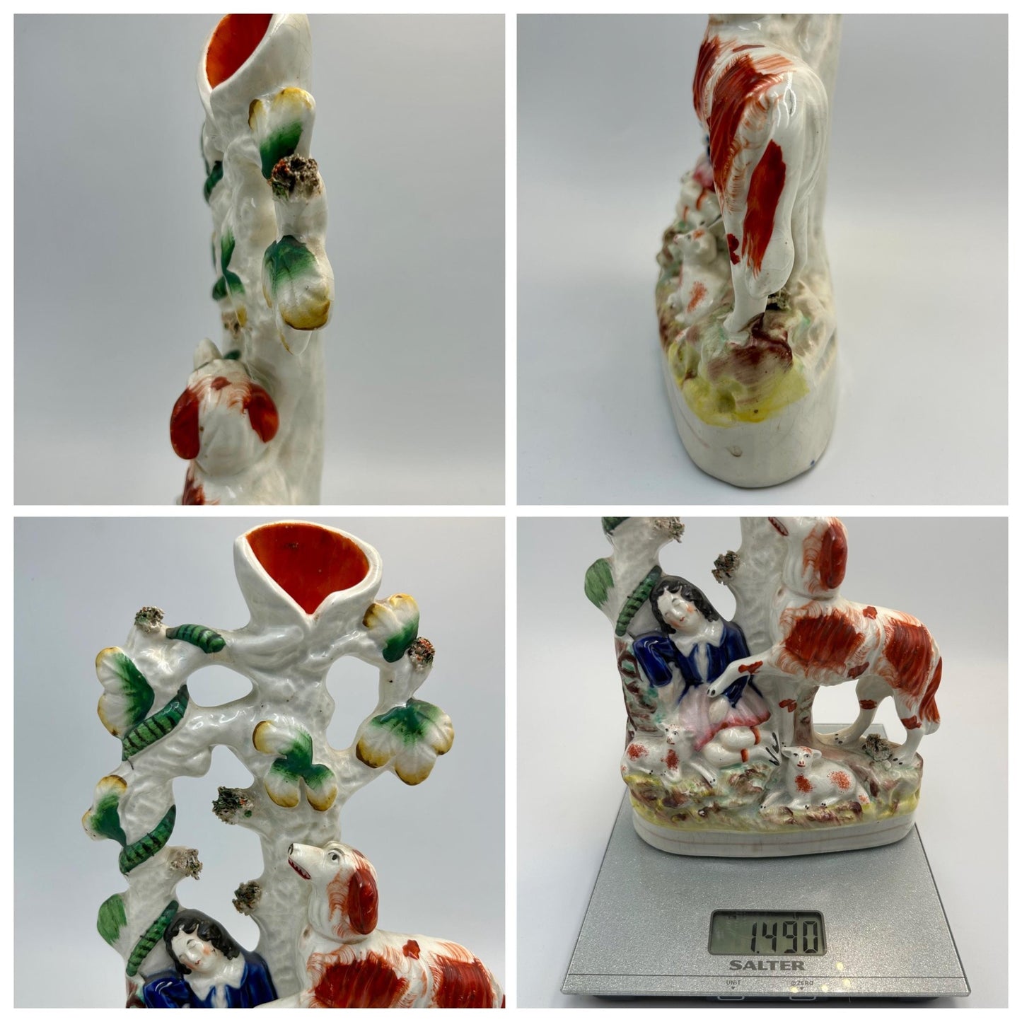 Victorian Staffordshire Flat back vase: Tree backdrop with Sleeping Lady, Sheep, Dog & snake - Splendid Vintage World