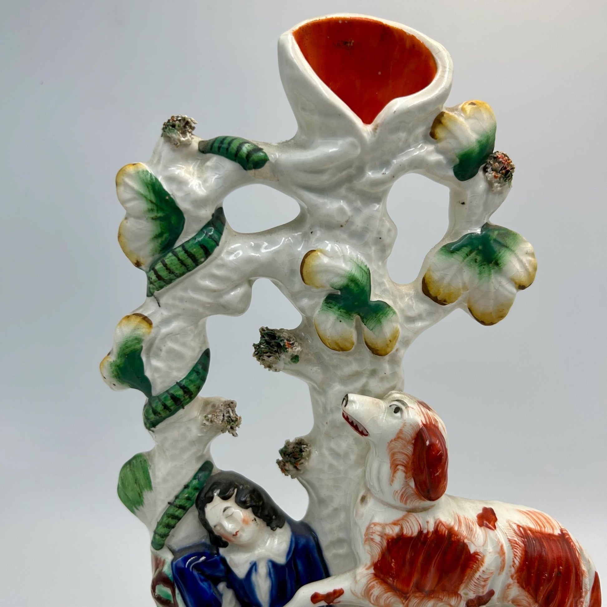 Victorian Staffordshire Flat back vase: Tree backdrop with Sleeping Lady, Sheep, Dog & snake - Splendid Vintage World