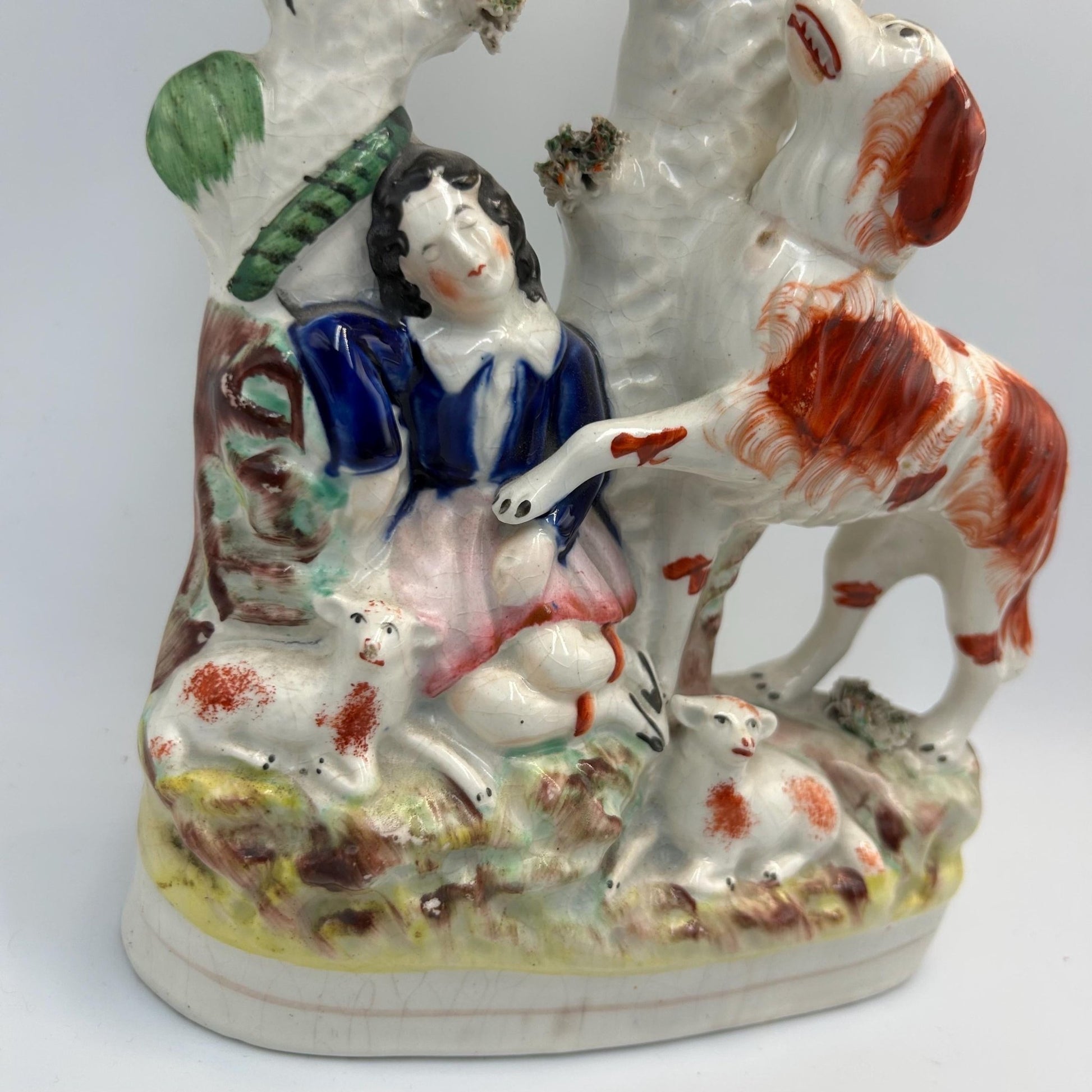 Victorian Staffordshire Flat back vase: Tree backdrop with Sleeping Lady, Sheep, Dog & snake - Splendid Vintage World