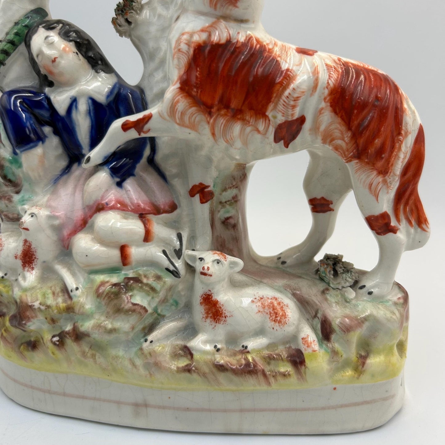 Victorian Staffordshire Flat back vase: Tree backdrop with Sleeping Lady, Sheep, Dog & snake - Splendid Vintage World