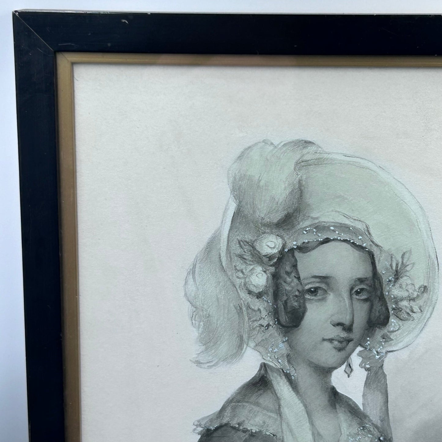 Antique victorian watercolour of a lady in bonnet, JAs Shoolbred label - Splendid Vintage World