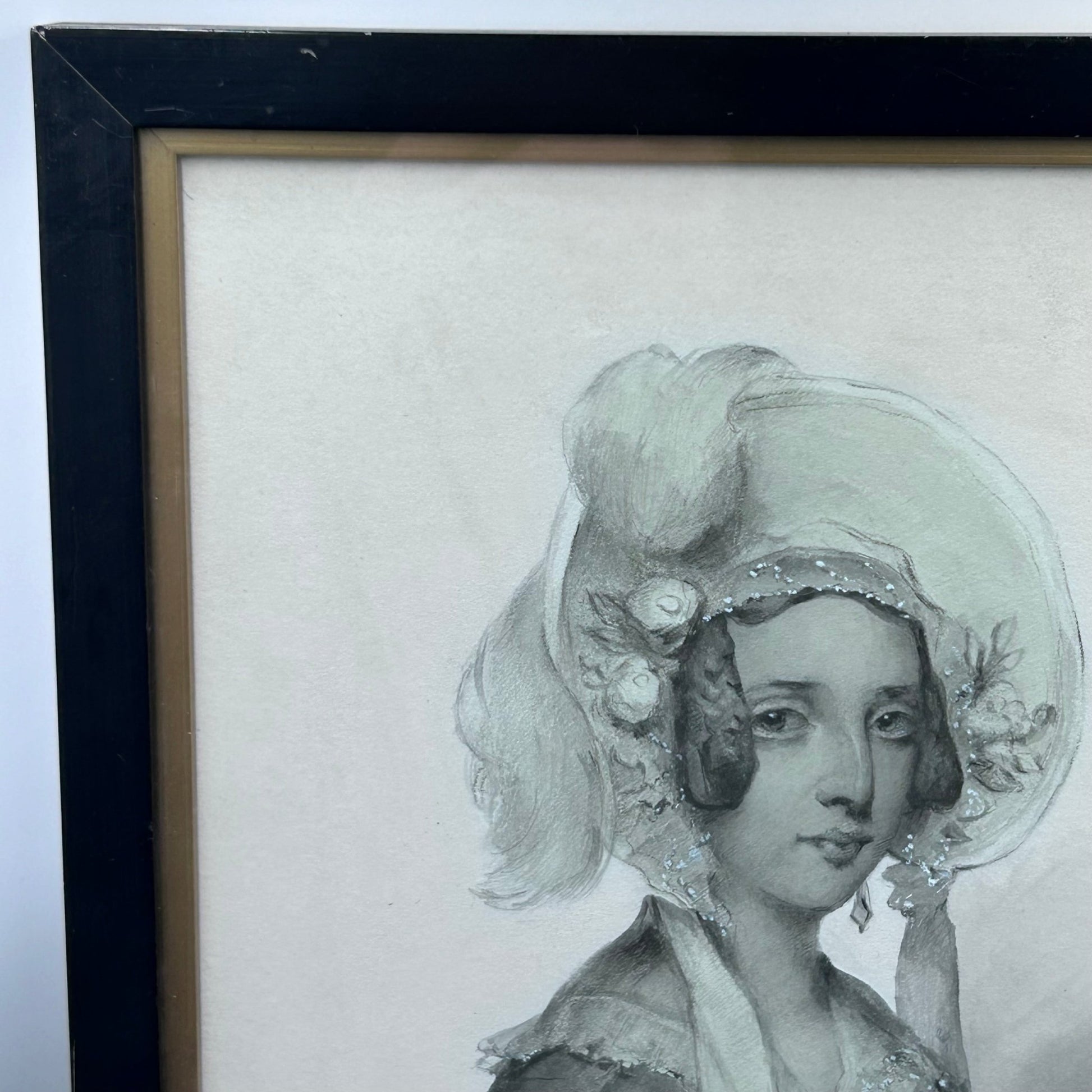 Antique victorian watercolour of a lady in bonnet, JAs Shoolbred label - Splendid Vintage World