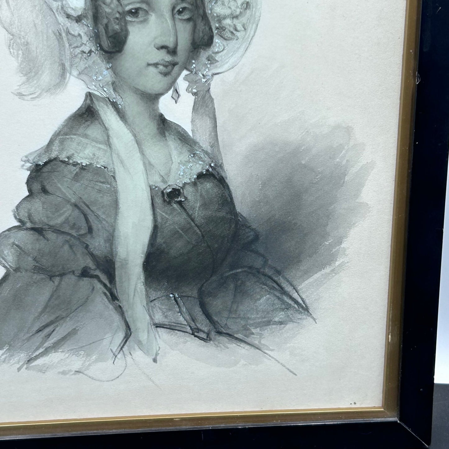 Antique victorian watercolour of a lady in bonnet, JAs Shoolbred label - Splendid Vintage World
